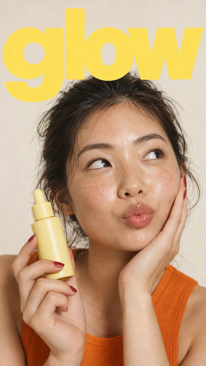 glowの文字と美容液を持つ女性
