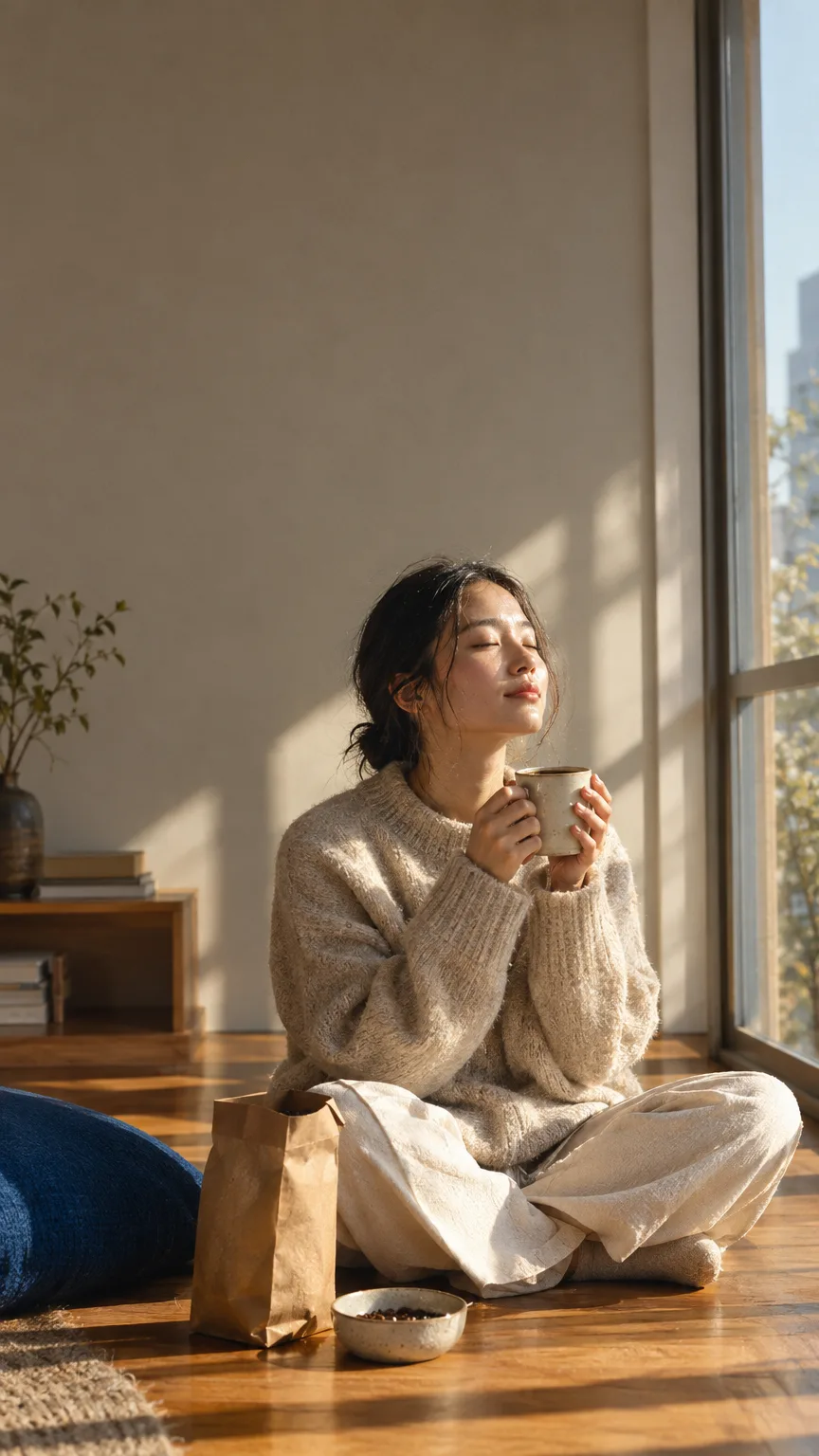 窓辺でコーヒーを飲む女性