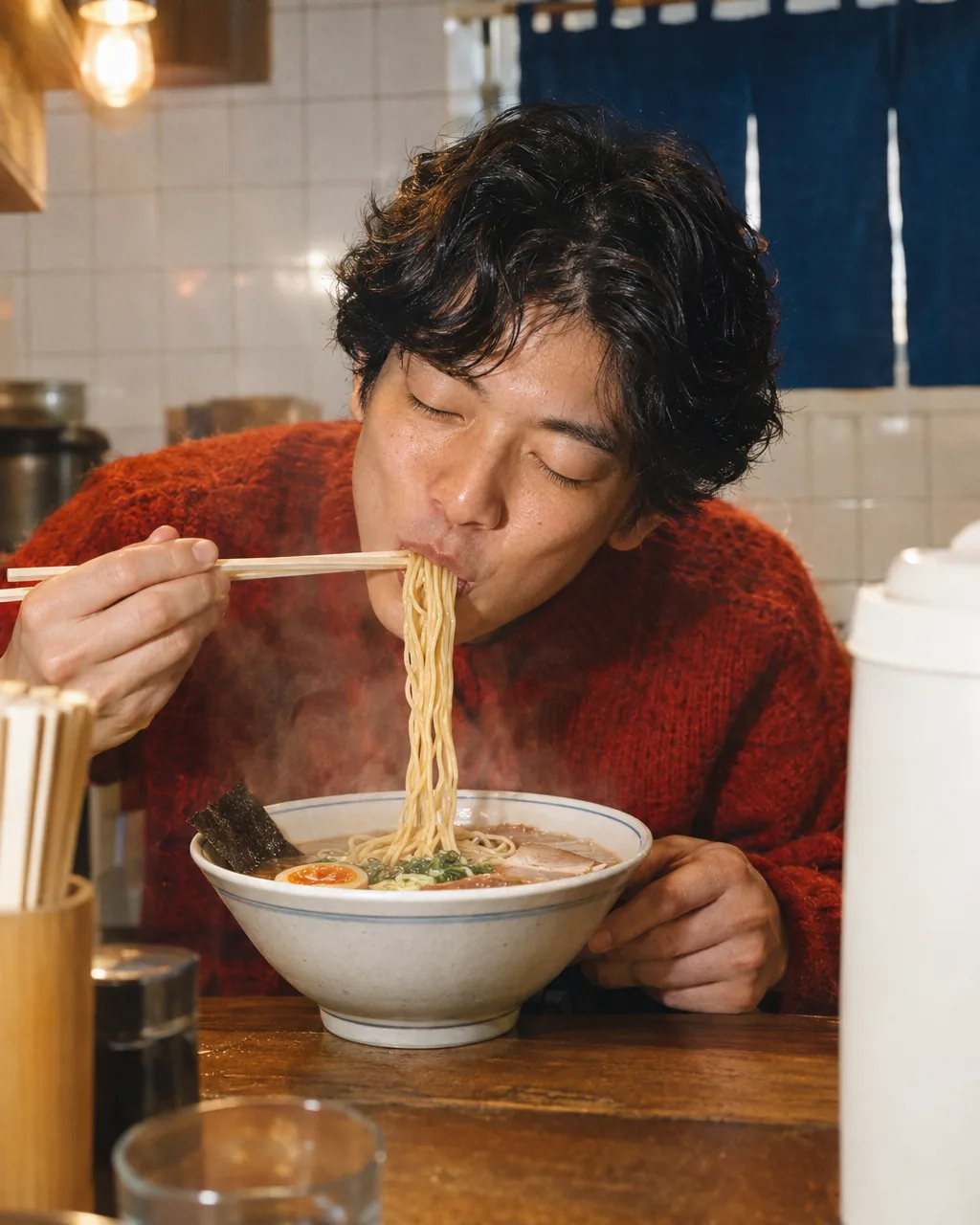 カウンターでらーめんをすする男性