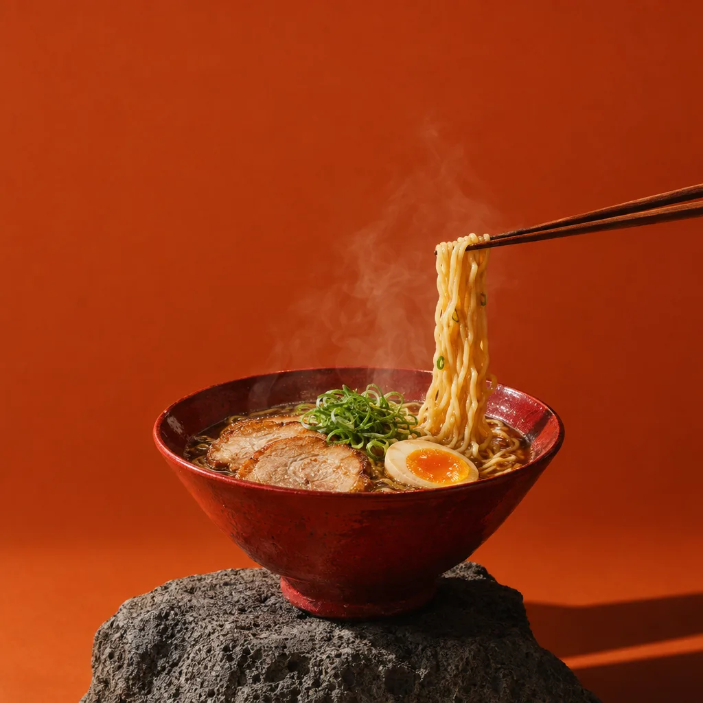 石の台に載った醤油らーめん